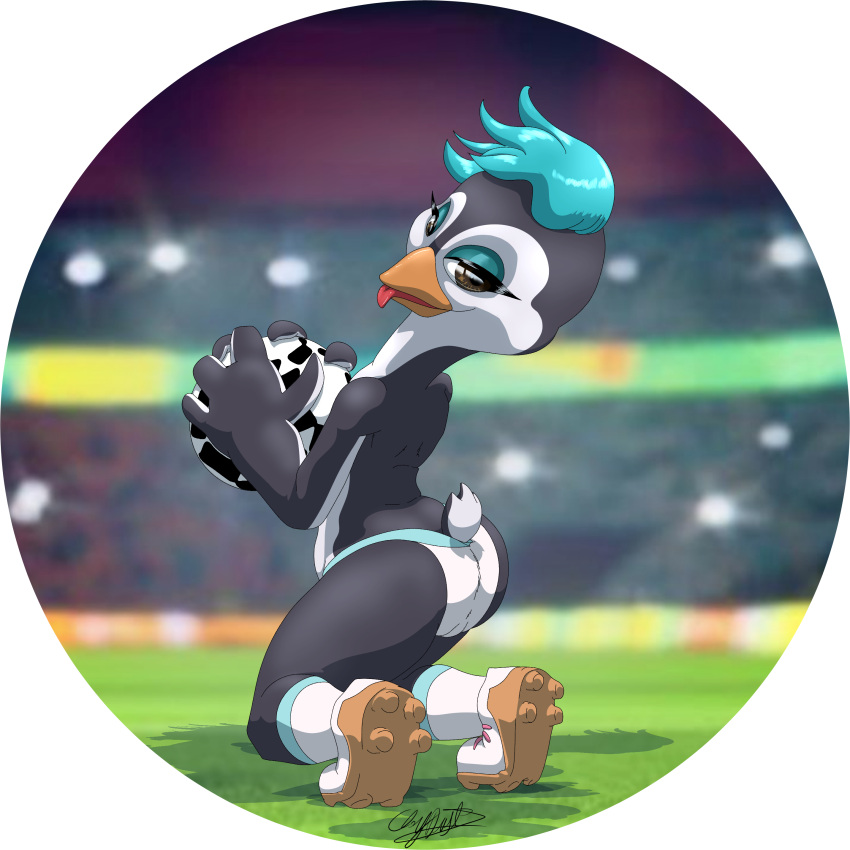 absurd_res anthro avian ball big_butt bird blue_hair butt claydust clothed clothing female fifa football_(ball) football_player gesture hair hi_res nude penguin pinup pose public public_nudity solo suggestive suggestive_gesture suggestive_look suggestive_pose tazuni thick_thighs topless underwear underwear_only wide_hips