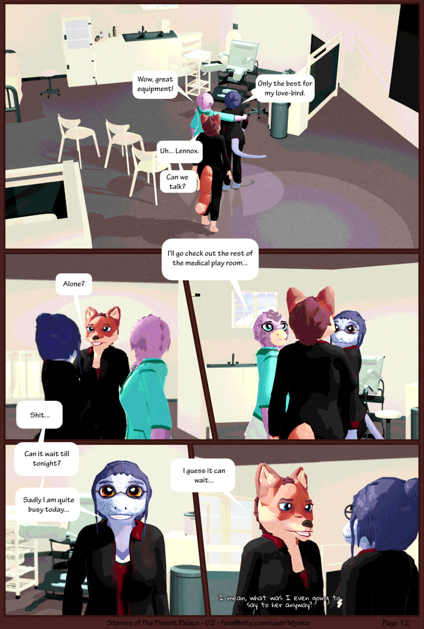 3d_(artwork) amphibian anthro avian bird canid canine clothed clothing comic dialogue digital_media_(artwork) english_text feathers female fox group gynecological_chair hi_res lennox_(mynka) lory_(mynka) mammal medical mynka nurse nurse_clothing nurse_uniform raelynn_(mynka) salamander_(amphibian) text uniform work_clothes work_uniform