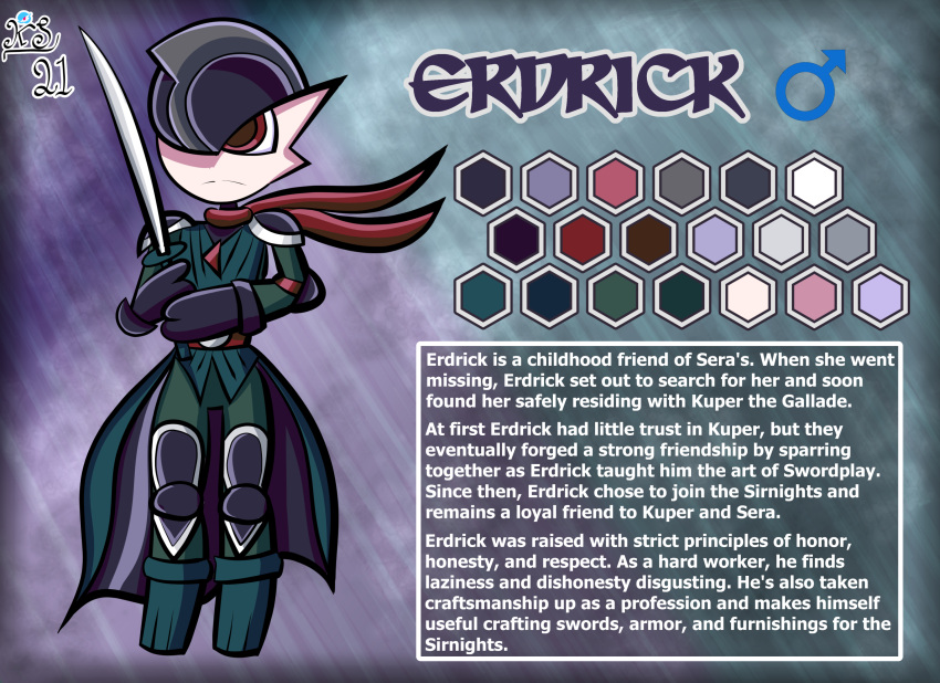 2021 3_fingers armor character_name english_text fingers frown gallade generation_4_pokemon hair hair_over_eye hi_res holding_object holding_sword holding_weapon humanoid knight kuperseeper male melee_weapon model_sheet nintendo not_furry one_eye_obstructed pokemon pokemon_(species) red_eyes scarf signature simple_background solo sword text video_games warrior weapon