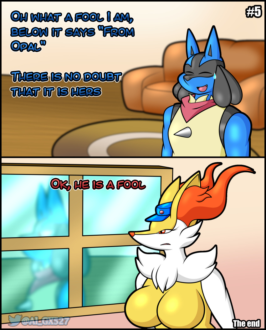 al_gx anthro apartment big_breasts blue_body braixen breasts canid canine casual_nudity clothed clothing comic crimson_(al_gx) delivery_(commerce) dialogue english_text female fox fur generation_4_pokemon generation_6_pokemon hi_res hisuian_form hisuian_zoroark humor illusion lucario male mammal nintendo pokemon pokemon_(species) postal_delivery red_body red_fur regional_form_(pokemon) scarf spying story text transformation video_games window yellow_body yellow_fur