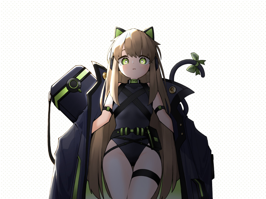 1girl animal_ears black_leotard blonde_hair bow cat_ear_headphones cowboy_shot dayaman dotted_background expressionless flat_chest from_below girls'_frontline green_bow green_eyes headphones highleg highleg_leotard highres jacket leotard long_hair long_sleeves looking_at_viewer looking_down parted_lips shadow sidelocks solo standing tail tail_bow tail_ornament thigh_strap tmp_(girls'_frontline) very_long_hair