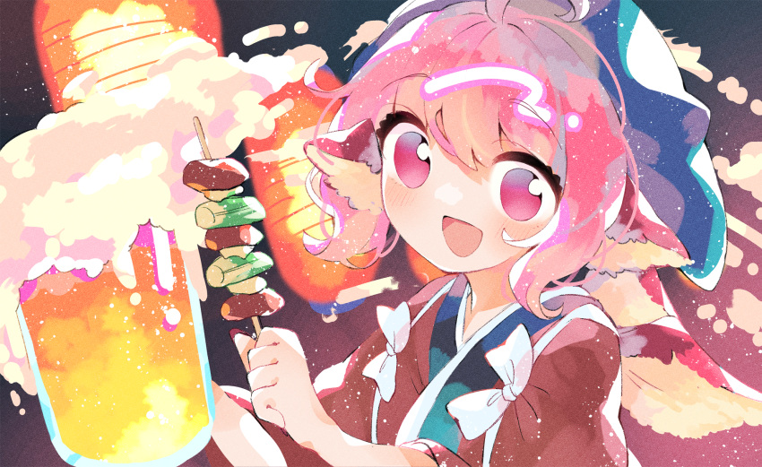 1girl alcohol animal_ears beer beer_mug bird_ears bird_wings blue_headwear blush brown_kimono brown_nails cup fingernails food head_scarf highres holding holding_food japanese_clothes kimono lantern mikako_chan3 mug mystia_lorelei nail_polish okamisty open_mouth paper_lantern pink_eyes pink_hair short_hair smile solo touhou upper_body white_wings wings