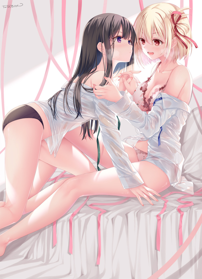 2girls :d all_fours bangs black_hair black_panties blonde_hair blue_ribbon bra breasts cleavage collarbone collared_shirt commentary_request dress_shirt eye_contact feet_out_of_frame green_ribbon hair_between_eyes hair_ribbon highres inoue_takina long_hair long_sleeves looking_at_another lycoris_recoil medium_breasts multiple_girls neck_ribbon nishikigi_chisato off_shoulder open_clothes open_shirt panties pink_bra pink_panties pink_ribbon purple_eyes red_eyes red_ribbon ribbon shirt signature sleeves_past_wrists smile sousouman underwear very_long_hair white_shirt yuri