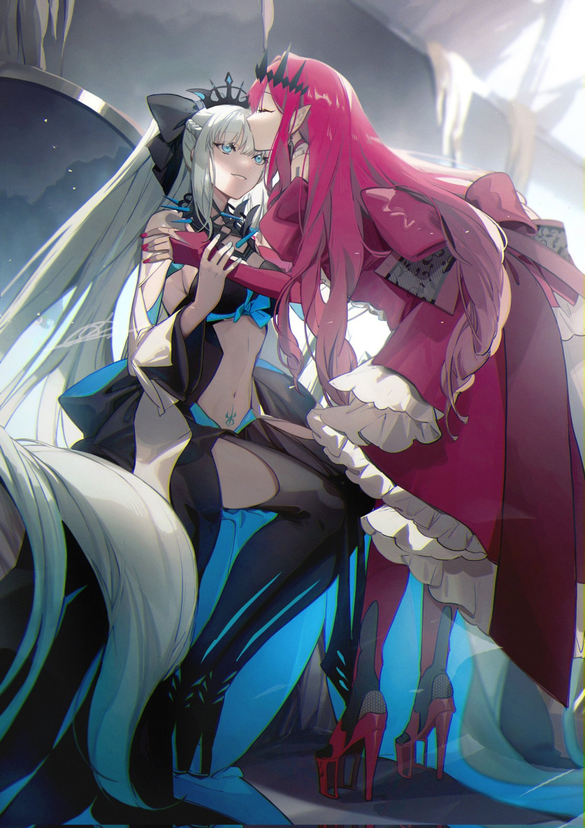 2girls bangs black_bow black_choker black_footwear blue_bow blue_eyes bow choker closed_mouth crown dress fairy_knight_tristan_(fate) fate/grand_order fate_(series) grey_hair hair_bow highres kiss long_dress long_fall_boots long_hair long_sleeves morgan_le_fay_(fate) multiple_girls no-kan open_clothes open_dress open_mouth panties pink_bow pink_dress pink_footwear pink_hair simple_background sitting smile teeth underwear very_long_hair