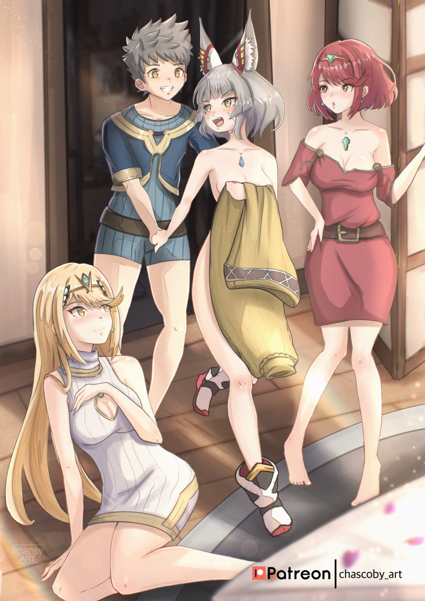 1boy 3girls animal_ears bangs bed blonde_hair blunt_bangs breasts brown_hair cat_ears chascoby chest_jewel cleavage_cutout clothes_removed clothing_cutout dress grey_hair highres holding_hands husband_and_wives imminent_gangbang large_breasts long_hair multiple_girls mythra_(xenoblade) nia_(xenoblade) nude paid_reward_available polygamy pyra_(xenoblade) red_eyes red_hair rex_(xenoblade) short_hair spoilers strap_slip swept_bangs very_long_hair xenoblade_chronicles_(series) xenoblade_chronicles_2 xenoblade_chronicles_3 yellow_eyes