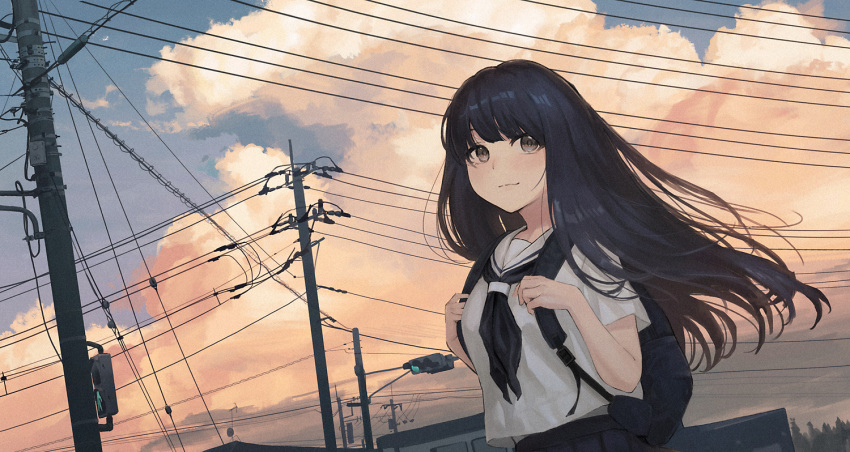 1girl backpack bag black_hair black_neckerchief black_skirt blue_sky brown_eyes closed_mouth cloud cloudy_sky commentary day floating_hair long_hair neckerchief original outdoors pleated_skirt power_lines ryokucha_manma sailor_collar school_uniform serafuku shirt skirt sky smile solo sunset traffic_light utility_pole very_long_hair white_sailor_collar white_shirt