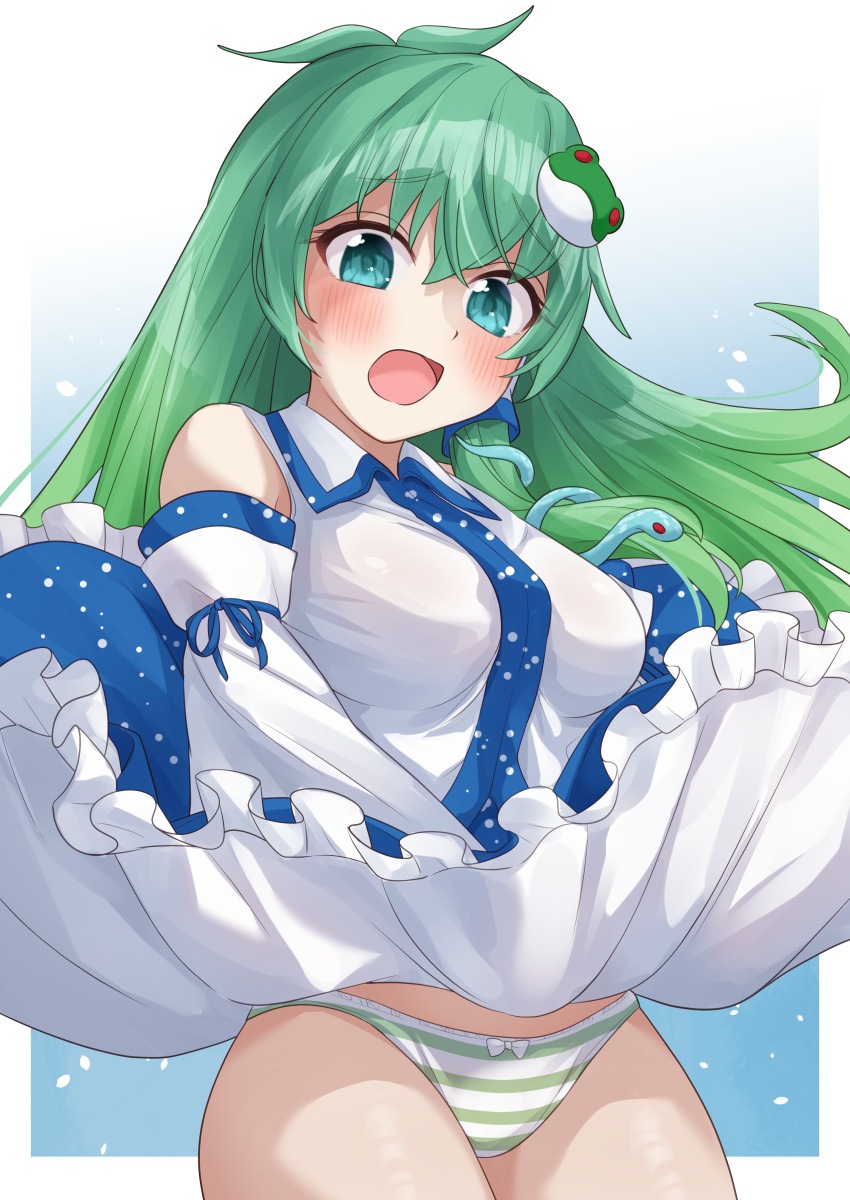 1girl absurdres aqua_eyes bare_shoulders blue_skirt blush border clothes_lift commission cowboy_shot detached_sleeves frog_hair_ornament green_hair hair_between_eyes hair_ornament highres japanese_clothes kochiya_sanae long_hair nontraditional_miko open_mouth panties pixiv_request ramie_(ramie541) revision skirt skirt_lift snake_hair_ornament solo striped striped_panties touhou underwear white_border white_sleeves wide_sleeves wind wind_lift
