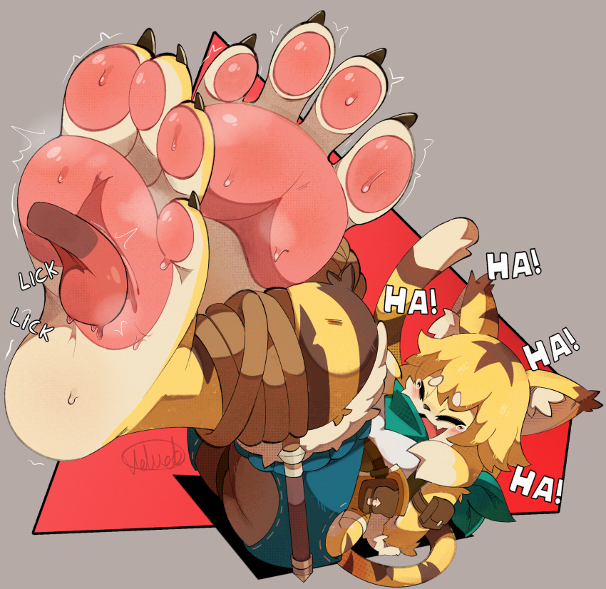 2022 4_toes anthro claws clothed clothing digital_media_(artwork) disembodied_tongue duo eyes_closed feet felid foot_fetish foot_lick foot_play hi_res licking mammal mia_(world_flipper) pantherine solo_focus tiger toe_claws toes tongue tongue_out velveteksotica world_flipper