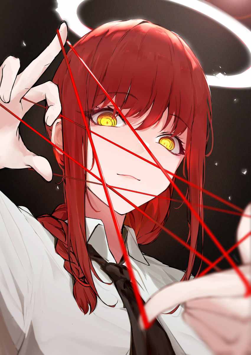 1girl absurdres bangs braid braided_ponytail cat's_cradle chainsaw_man closed_mouth collared_shirt formal halo hermityy highres light_smile looking_at_viewer makima_(chainsaw_man) necktie red_hair ringed_eyes shirt sidelocks solo string string_around_finger string_of_fate upper_body yellow_eyes