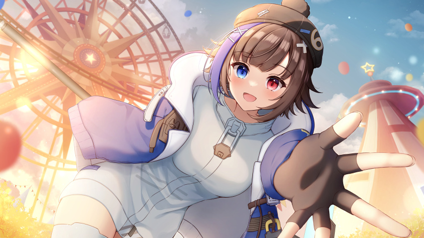 1girl :d absurdres amusement_park balloon beret black_gloves black_headwear blue_eyes blue_jacket blue_sky breasts brown_hair cloud cocoritter_(tower_of_fantasy) commentary_request dress ferris_wheel fingerless_gloves gloves hair_ornament hairclip hat heterochromia highres jacket leaning_forward looking_at_viewer medium_breasts multicolored_hair open_clothes open_jacket outdoors outstretched_arm purple_hair red_eyes sky smile solo star_(symbol) streaked_hair sunset thighhighs tower_of_fantasy white_dress white_thighhighs x_hair_ornament yukiunag1