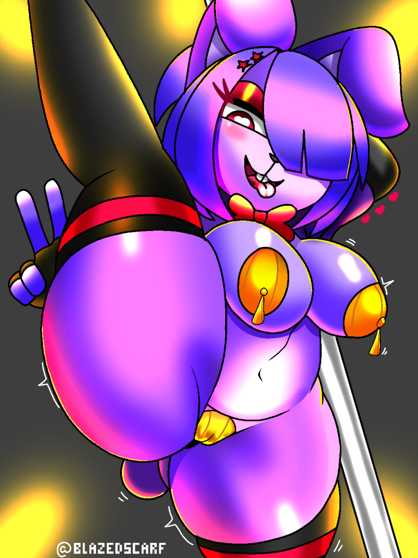 &lt;3 &lt;3_eyes anthro big_breasts blazedscarf bonnie_(fnaf) breasts camel_toe clothing female five_nights_at_freddy's flexible hi_res lagomorph legwear leporid mammal one_leg_up pasties rabbit raised_leg scottgames solo splits spread_legs spreading standing thick_thighs thigh_highs tongue tongue_out vertical_splits video_games