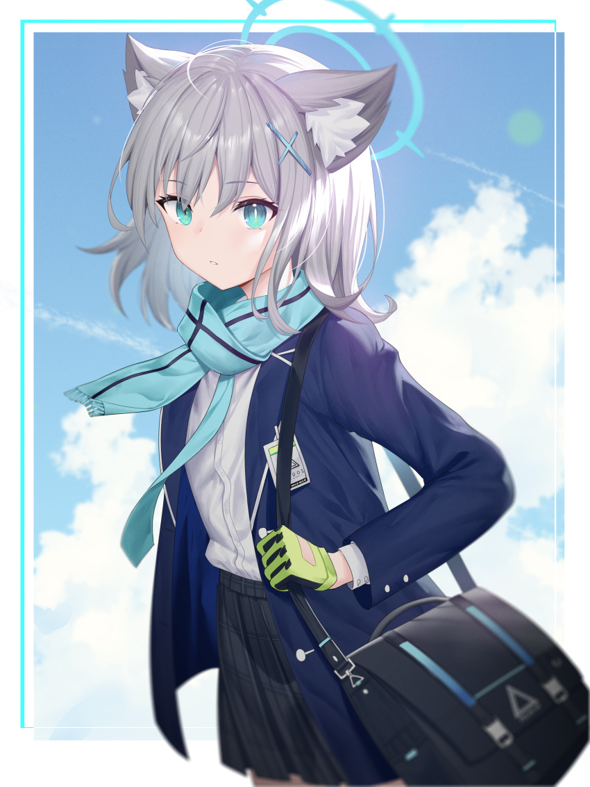 1girl absurdres animal_ear_fluff animal_ears bag bangs black_skirt blazer blue_archive blue_eyes blue_jacket blue_necktie blue_scarf blue_sky cat_ears cloud commentary_request day fringe_trim gloves green_gloves grey_hair hair_between_eyes hair_ornament halo highres jacket long_sleeves looking_at_viewer mismatched_pupils necktie open_clothes open_jacket parted_lips pleated_skirt roi_(liu_tian) scarf school_uniform shiroko_(blue_archive) shirt shoulder_bag skirt sky solo white_shirt