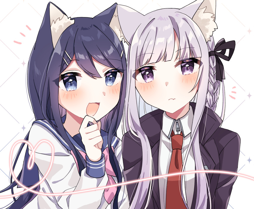 2girls :d absurdres animal_ear_fluff animal_ears bangs black_jacket black_ribbon blue_eyes blue_sailor_collar blush bow bowtie braid brown_necktie cat_ears collared_shirt danganronpa:_trigger_happy_havoc danganronpa_(series) fang grey_background hair_ornament hair_ribbon hairclip hana_no_yo hand_up heart highres jacket kirigiri_kyouko maizono_sayaka multiple_girls necktie open_clothes open_jacket open_mouth pink_bow pink_bowtie pink_eyes ribbon sailor_collar shiny shiny_hair shirt side_braid skin_fang smile upper_body white_shirt