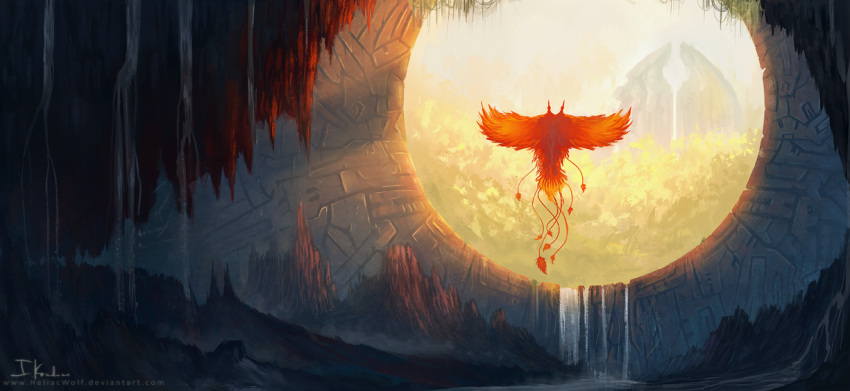 2014 alternate_version_at_source avian cave detailed_background feathers flying heliacwolf red_body red_feathers solo text url water