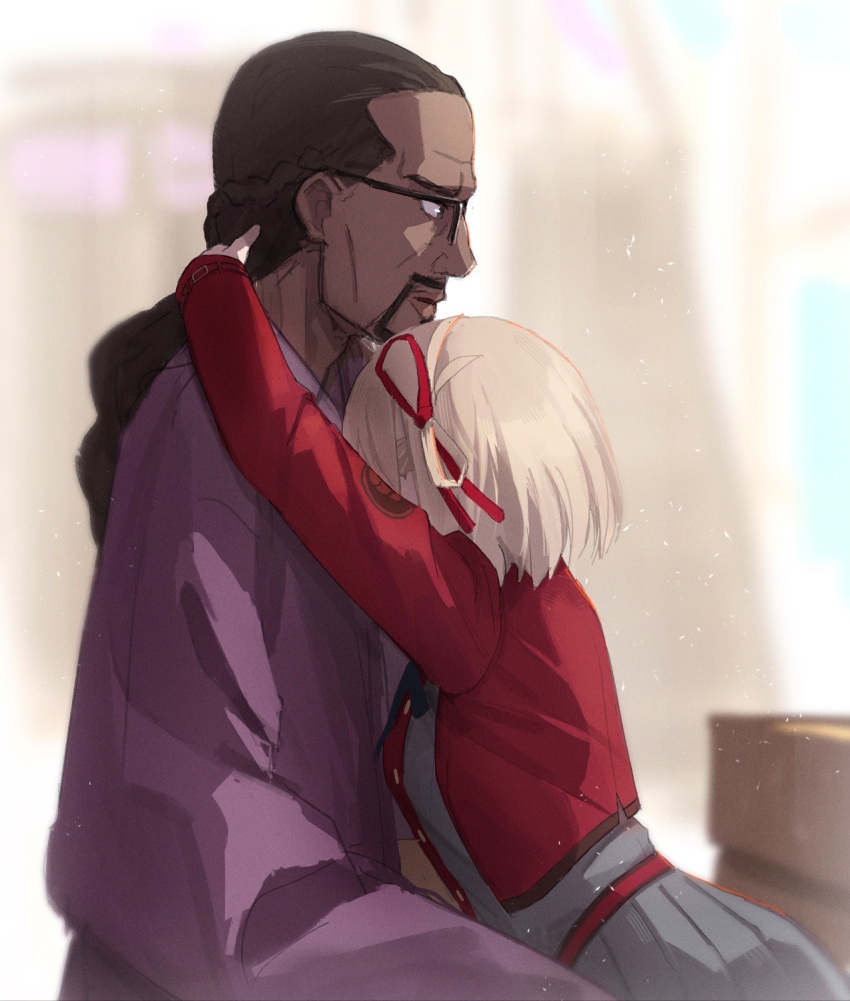 1boy 1girl beard blonde_hair blurry blurry_background brown_hair dark-skinned_male dark_skin facial_hair glasses hair_ribbon highres hug im_catfood indoors japanese_clothes kimono long_hair long_sleeves lycoris_recoil mika_(lycoris_recoil) nishikigi_chisato purple_kimono red_ribbon ribbon short_hair uniform