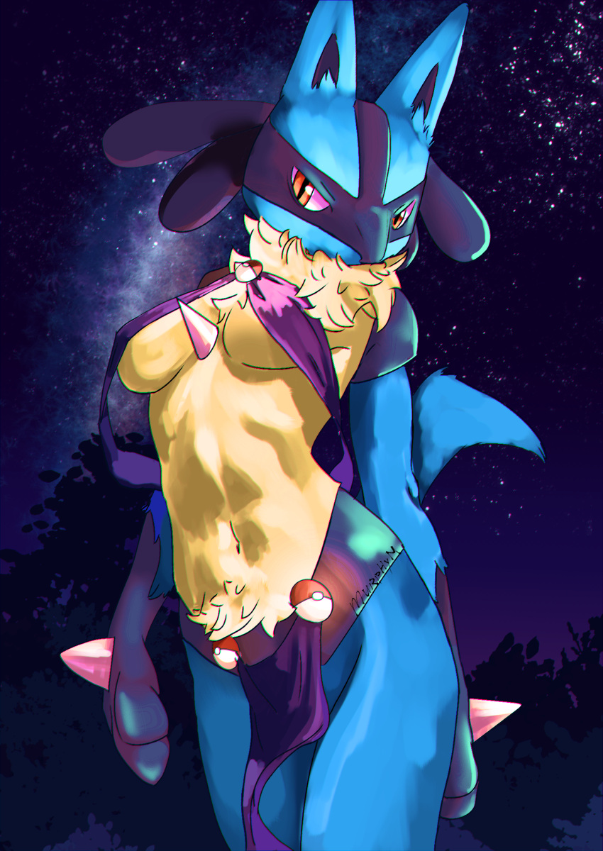 2022 anthro blue_body blue_ears blue_fur blue_tail bottomwear breasts clothed clothing female fingers fur generation_4_pokemon hi_res loincloth lucario motorcyclemurphy night_sky nintendo pokemon pokemon_(species) purple_clothing sky solo star starry_sky video_games yellow_body yellow_breasts yellow_fur