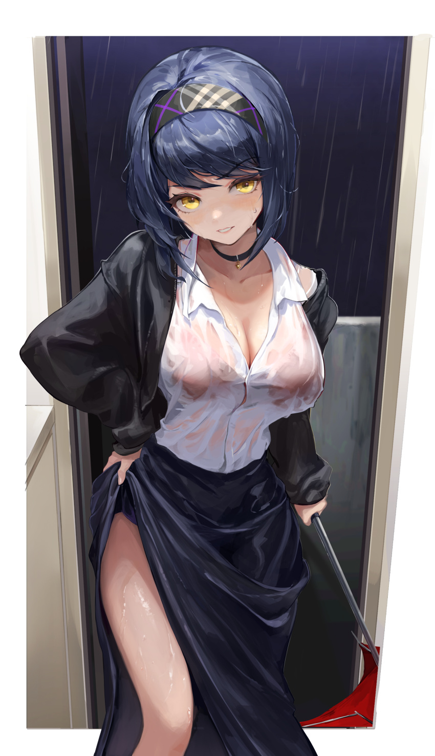 1girl absurdres alternate_costume black_choker black_jacket blue_hair blush bra_visible_through_clothes breasts choker cleavage clothes_lift collared_shirt dark_blue_hair feet_out_of_frame genshin_impact grin hairband hand_on_hip highres holding holding_umbrella jacket kujou_sara large_breasts long_skirt looking_at_viewer open_clothes open_jacket parted_lips rain shirt short_hair side_slit skirt skirt_lift smile solo standing thighs umbrella wellsy wet white_shirt yellow_eyes