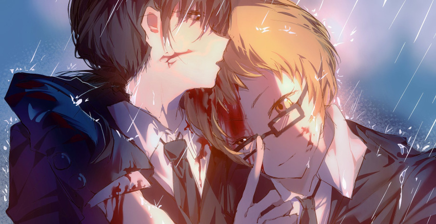 black_hair black_necktie bleeding_from_forehead blonde_hair blood blood_on_face chainsaw_man collared_shirt formal glasses highres junshu909961471 long_hair looking_at_another looking_to_the_side mitaka_asa necktie rain school_uniform shirt short_hair suit water_drop yellow_eyes yuko_(chainsaw_man)