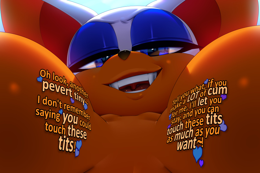 absurd_res anthro big_breasts breasts chiropteran dialogue female first_person_view hi_res huge_breasts mammal pupils rouge_the_bat sega solo sonic_the_hedgehog_(series) teeth theboogie