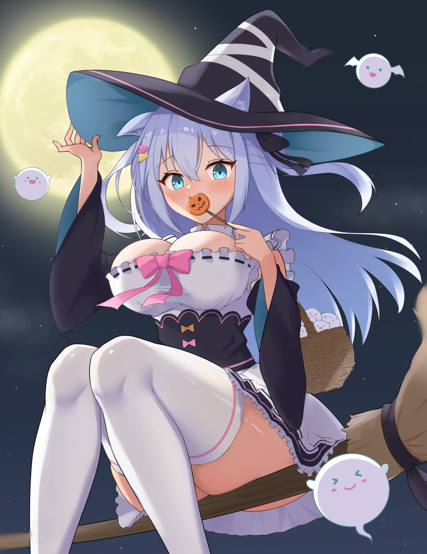 1girl absurdres animal_ears black_bow blue_eyes blue_hair blush bow breasts broom broom_riding candy cat_ears cleavage covering_mouth detached_sleeves food full_moon ghost hair_bow hair_ornament hairclip halloween hat highres holding holding_candy holding_food jack-o'-lantern long_hair looking_at_viewer moon night noripro pink_bow riding sheryama shirayuki_mishiro simple_background sky solo star_(sky) starry_sky thighhighs virtual_youtuber white_thighhighs witch_hat zettai_ryouiki