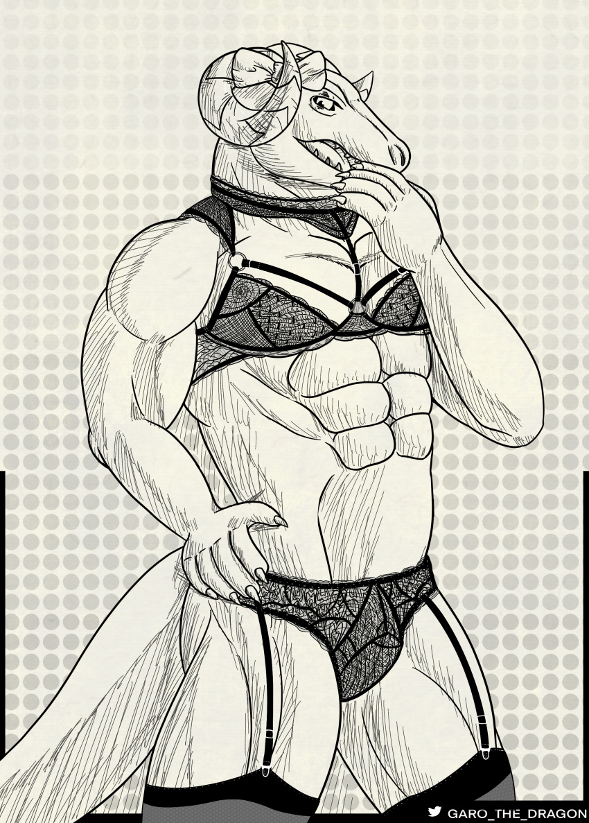 2022 abs absurd_res athletic bow_tie bra claws clothed clothing crossdressing dragon garo_(artist) hand_on_hip hand_on_mouth hi_res kinktober lingerie looking_at_viewer male monochrome muscular pecs scalie shaded simple_background slit smile solo standing the_boss_is_a_sister underwear vincent_falnail_(the_boss_is_a_sister)