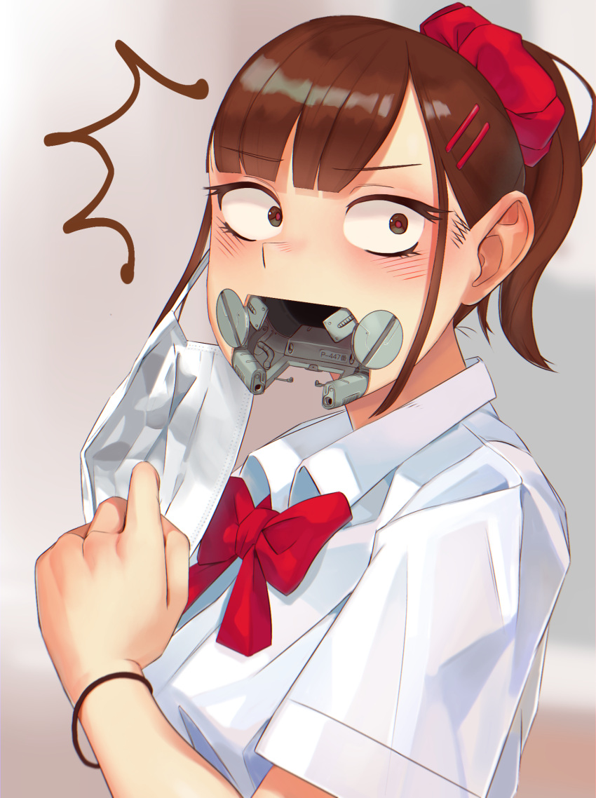 1girl android bangs bow bracelet brown_eyes brown_hair collared_shirt damaged hair_ornament hair_scrunchie hairclip highres jewelry maker mask mecha-jk mechanical_parts medium_hair mouth_mask no_mouth original ponytail school_uniform scrunchie shirt simple_background solo surgical_mask upper_body white_shirt