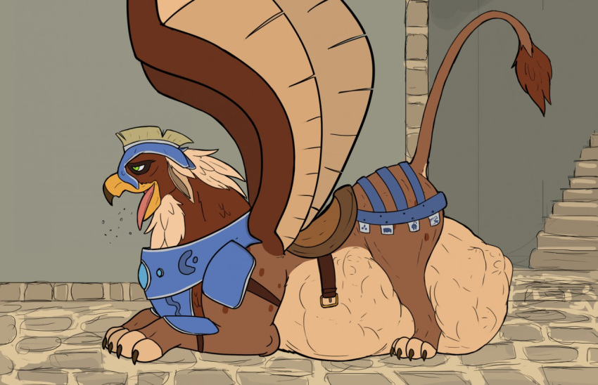 after_vore armor ass_up avian belly big_belly burping feral feral_pred gryphon gryphon_pred headgear helmet male male_pred mythological_avian mythology raised_tail saddle thatgryphonguy unwilling_prey vore wings