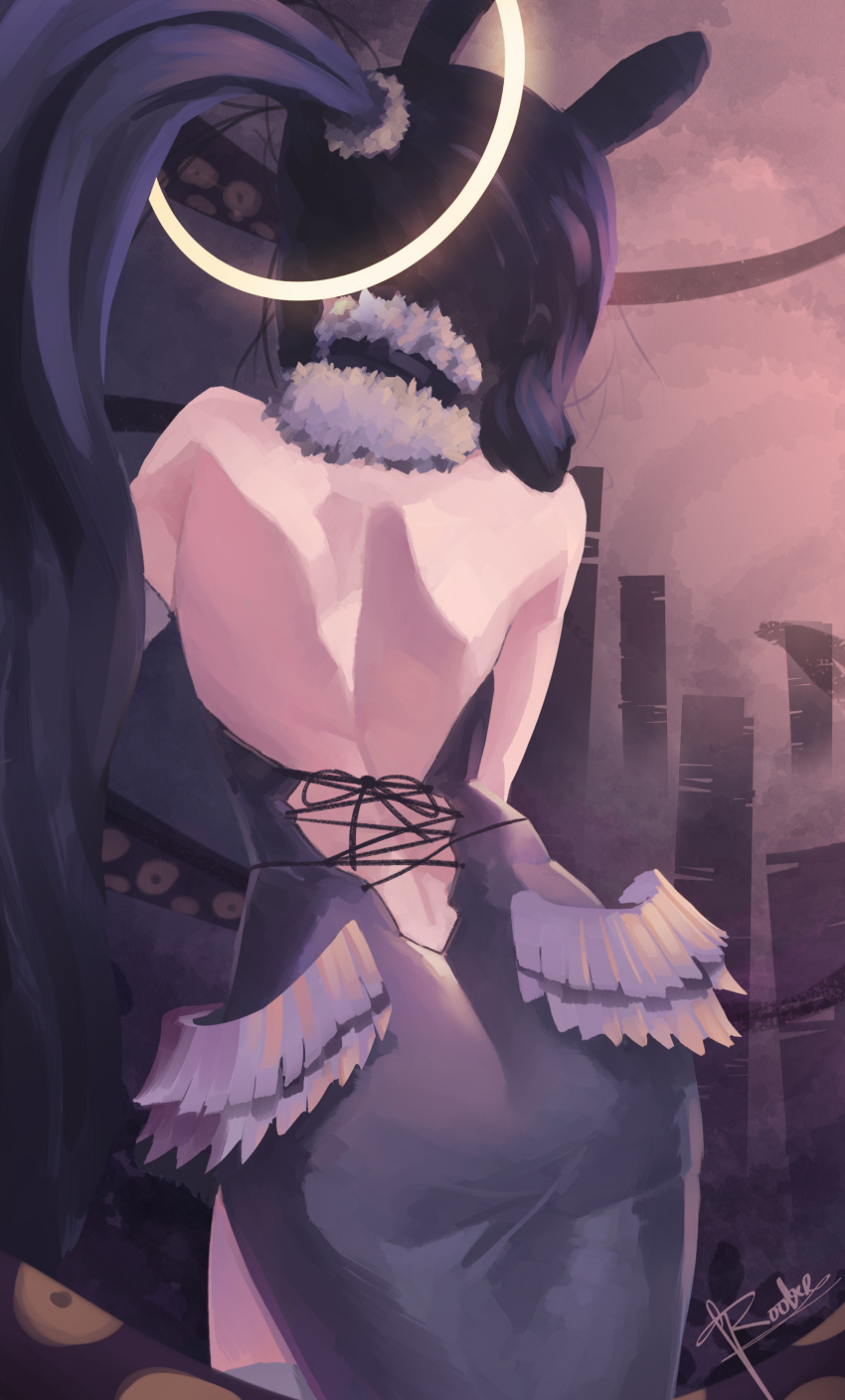 1girl absurdres alternate_hairstyle animal_ears ass back back_focus backless_dress backless_outfit bare_back bare_shoulders black_dress black_hair dress elbow_gloves facing_away feathered_wings from_behind fur-trimmed_collar gloves halo highres hololive long_hair low_wings median_furrow ninomae_ina'nis ponytail roober shoulder_blades side_slit sidelocks single_elbow_glove solo tentacles very_long_hair virtual_youtuber white_gloves wings