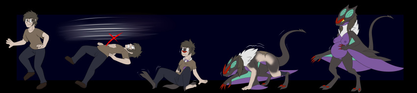 2022 absurd_res all_fours anthro barefoot bottomwear breasts brown_hair claws clothing digital_media_(artwork) digitigrade eyewear feet female footwear gender_transformation generation_6_pokemon glasses growth hair hi_res human human_to_anthro long_image looking_down male mammal mtf_transformation nintendo nipples noivern pants pokemon pokemon_(species) pregnant rapid_pregnancy shirt shoes simple_background solo species_transformation standing surprise tail_growth tomek1000 topwear transformation video_games wide_image wing_growth wings