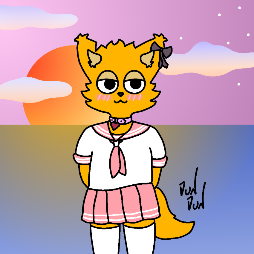 2022 anthro beach canid canine clothed clothing crossdressing footwear fox fur girly gradient_background jun_jun jun_jun_(character) lycalopex male mammal nature nature_background orange_body orange_fur pampas_fox rear_view school_uniform sea seaside shaded simple_background simple_eyes simple_face simple_shading socks solo sunset toony uniform water white_clothing white_footwear white_socks young