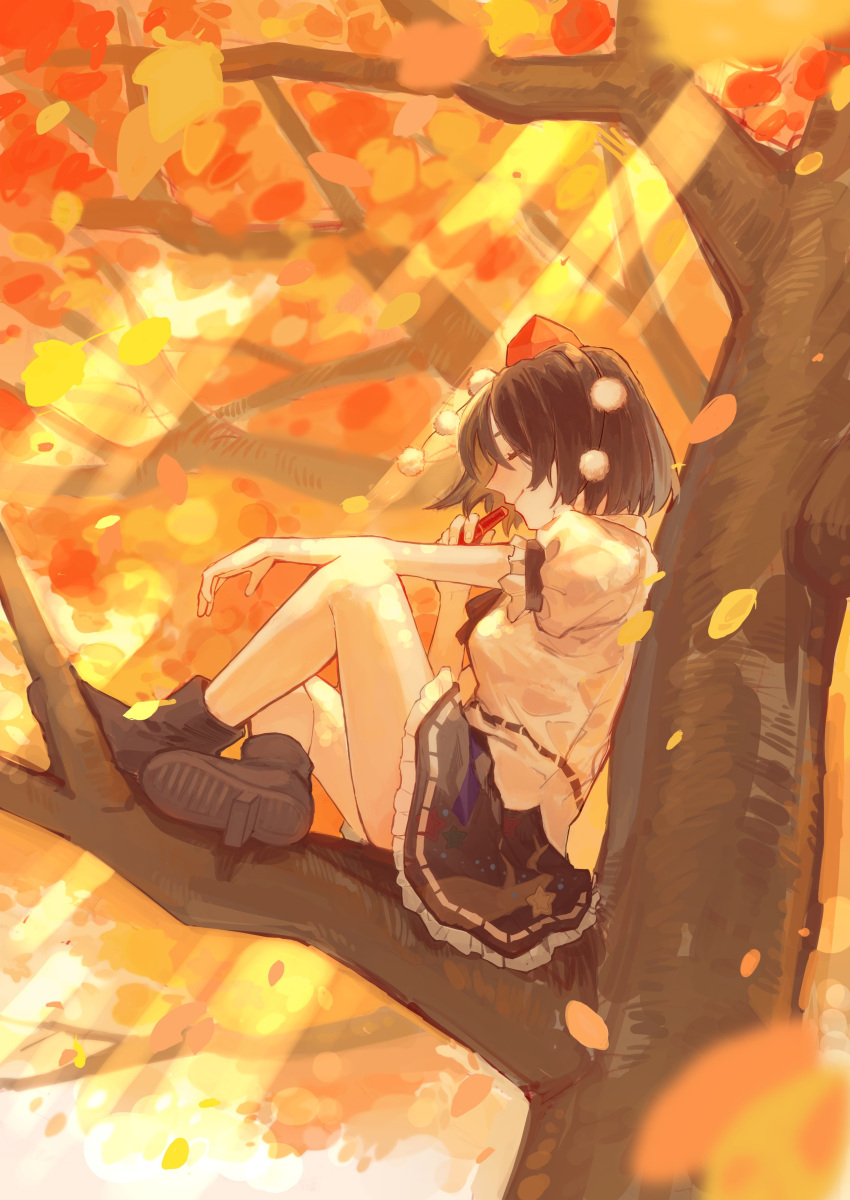 1girl absurdres akari0120_s autumn_leaves black_bow black_bowtie black_footwear black_hair black_skirt bow bowtie breasts closed_eyes frilled_skirt frills geta hat hidden_star_in_four_seasons highres holding holding_pen in_tree legs no_wings pen pom_pom_(clothes) puffy_short_sleeves puffy_sleeves red_headwear shameimaru_aya shirt shoe_soles short_sleeves sitting sitting_in_tree skirt small_breasts smile solo tengu-geta tokin_hat touhou tree white_shirt