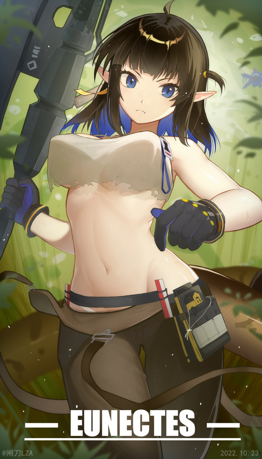 &gt;:( 1girl absurdres ahoge animal_ears arknights backlighting bangs belt black_gloves black_hair blue_eyes blue_gloves blue_hair breasts brown_pants character_name closed_mouth colored_inner_hair crop_top dated day eunectes_(arknights) eunectes_(forgemaster)_(arknights) gloves highres holding holding_weapon large_breasts looking_at_viewer multicolored_hair navel official_alternate_costume outdoors pants pointy_ears snake_tail solo stomach tail thigh_gap torn_clothes two-tone_gloves two-tone_hair underboob v-shaped_eyebrows weapon zhadao_lza