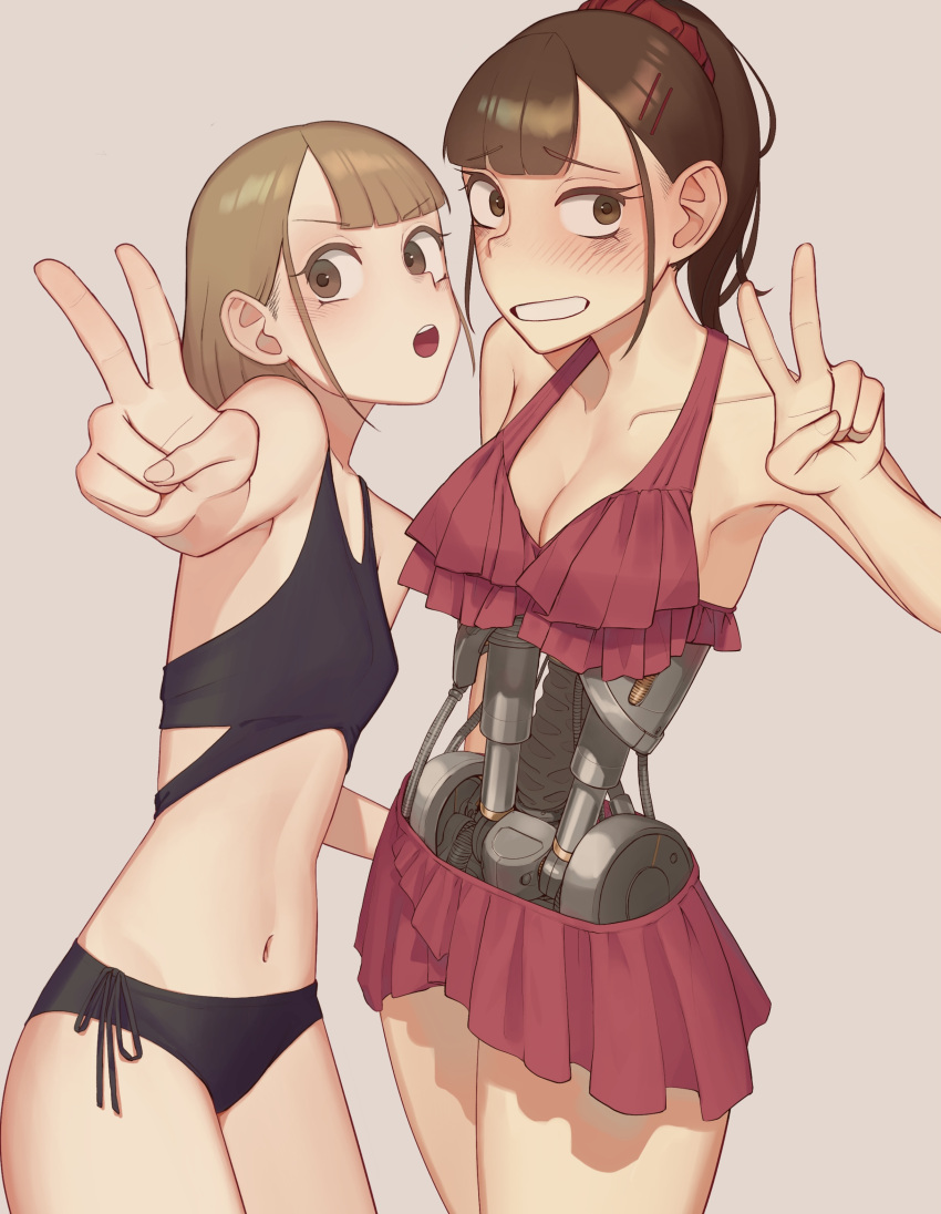 2girls :o absurdres android arm_up bangs bikini black_bikini blonde_hair breasts brown_eyes brown_hair cleavage frilled_bikini frills hair_ornament hair_scrunchie hairclip hand_up highres joints looking_at_viewer maker mecha-jk mechanical_parts medium_breasts medium_hair multiple_girls navel original outstretched_arm robot_joints scrunchie short_hair simple_background small_breasts swimsuit teeth v