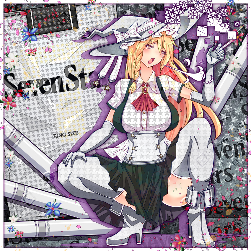1girl absurdres black_skirt blonde_hair border braid breasts cigarette english_text falling_petals flower gloves hat highres holding holding_cigarette kirisame_marisa netgamesennyou7 open_mouth petals product_girl product_placement skirt smoking socks solo squatting star_(symbol) thighs touhou twin_braids white_border white_footwear white_gloves white_headwear white_socks witch_hat