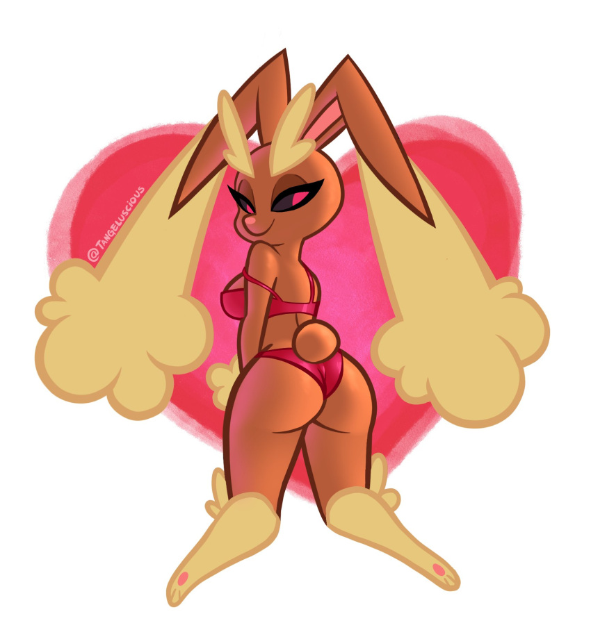 &lt;3 3_toes anthro big_breasts black_sclera bra breasts brown_body butt clothing digital_media_(artwork) eyebrows eyelashes feet female fur generation_4_pokemon half-closed_eyes hi_res lagomorph looking_back lopunny mammal narrowed_eyes nintendo panties pawpads pink_bra pink_clothing pink_nose pink_panties pink_underwear pokemon pokemon_(species) rear_view simple_background smile solo tangeluscious toes underwear video_games