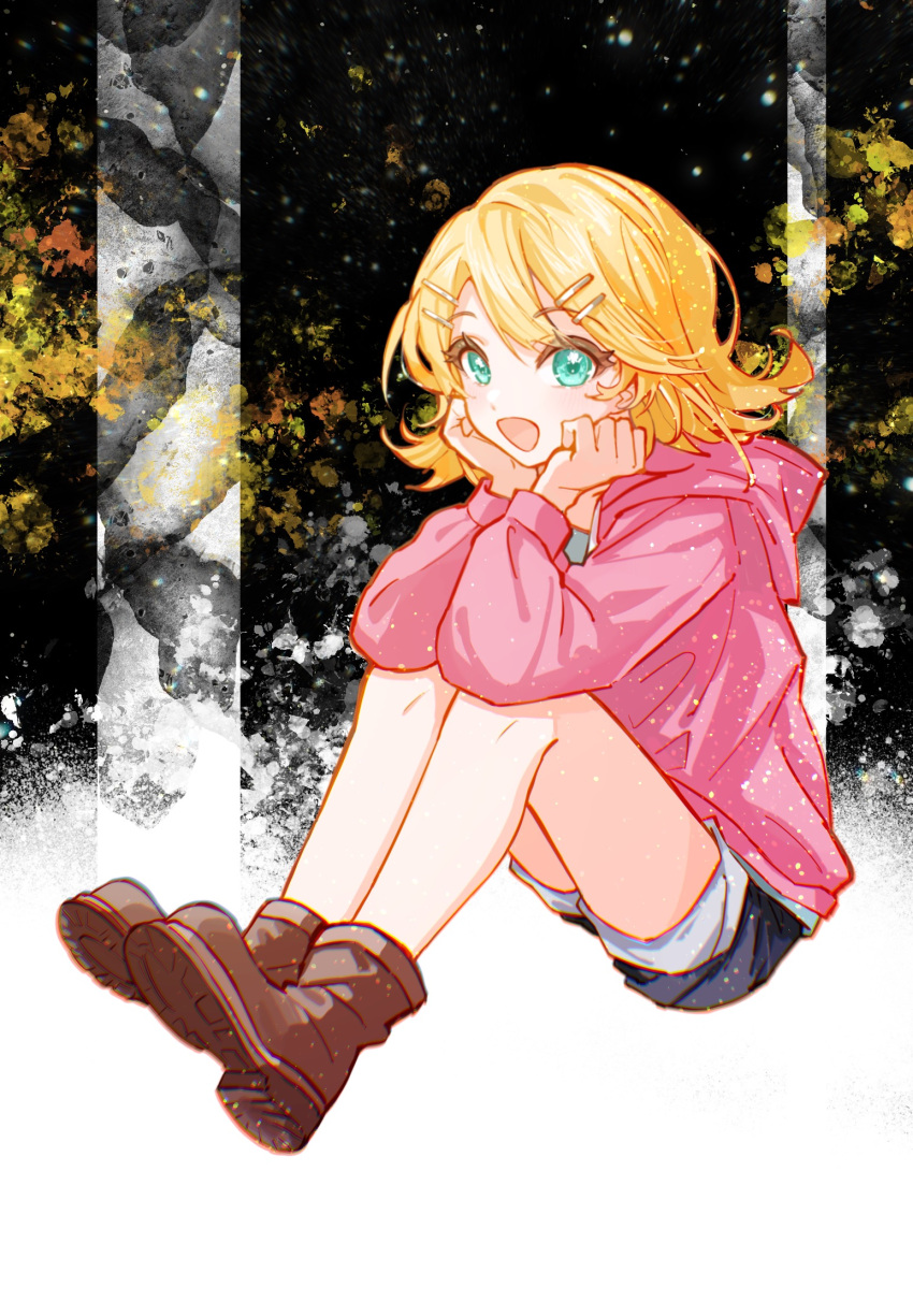 1girl :d bangs black_shorts blonde_hair brown_footwear full_body green_eyes hair_between_eyes hair_ornament hairclip head_rest highres hood hood_down hooded_jacket jacket kagamine_rin kika long_sleeves medium_hair open_mouth pink_jacket short_shorts shorts sitting smile solo vocaloid