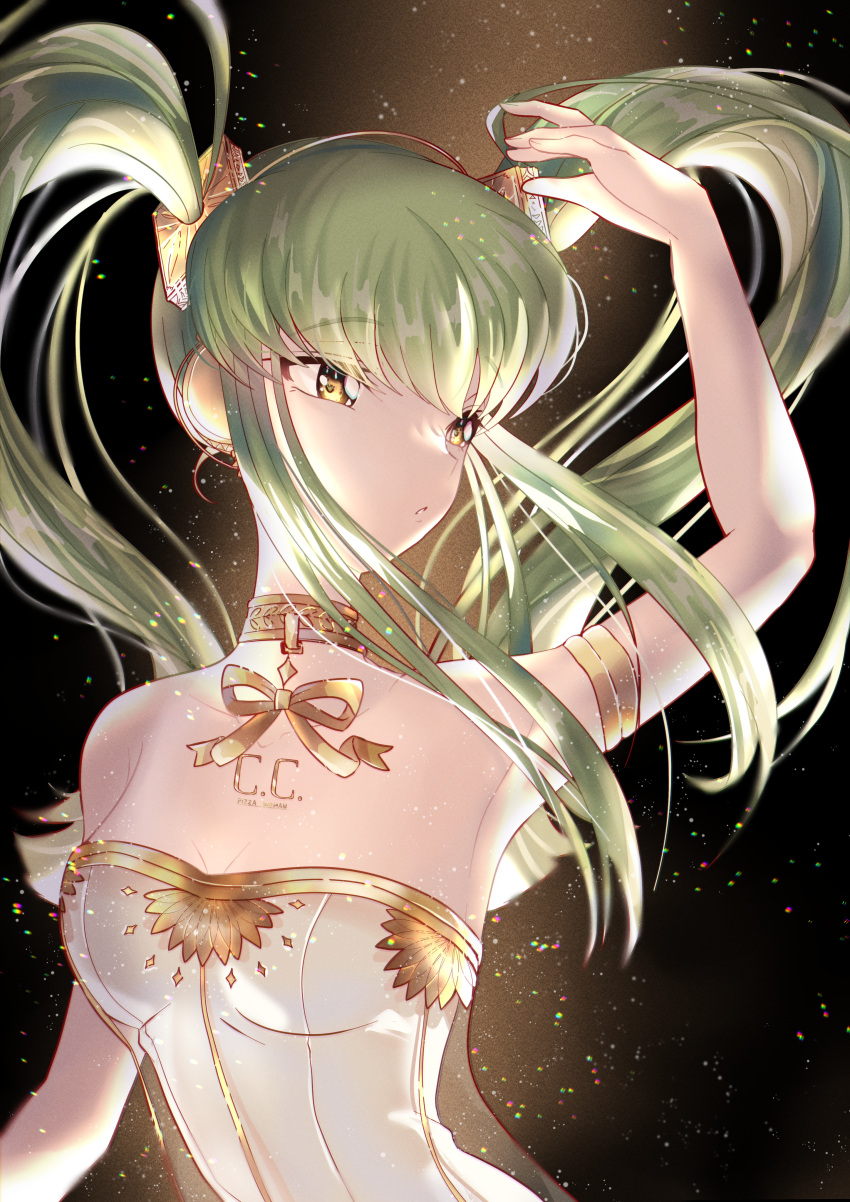 1girl absurdres arm_up armlet armpits bangs breasts budgiepon c.c. cleavage code_geass cosplay dress floating_hair green_hair hair_ornament hatsune_miku hatsune_miku_(cosplay) highres long_hair parted_lips shiny shiny_hair small_breasts solo strapless strapless_dress twintails upper_body very_long_hair vocaloid white_dress yellow_eyes