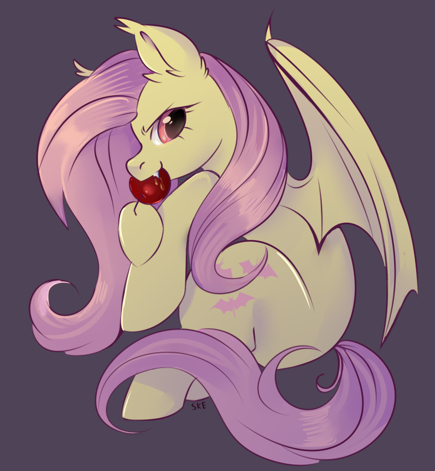 absurd_res apple bat_pony bat_wings bite cutie_mark digital_media_(artwork) ear_tuft equid fangs female feral flutterbat_(mlp) fluttershy_(mlp) friendship_is_magic hair hasbro hi_res long_hair long_tail mammal membrane_(anatomy) membranous_wings mouth_hold my_little_pony pink_eyes pink_hair pink_tail purple_background simple_background ske smile tuft wings yellow_body