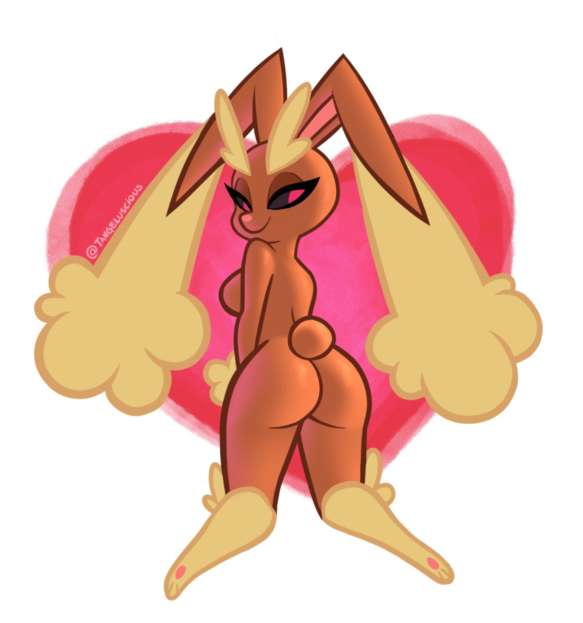 &lt;3 3_toes anthro big_breasts black_sclera breasts brown_body butt clothing digital_media_(artwork) eyebrows eyelashes feet female fur generation_4_pokemon half-closed_eyes hi_res lagomorph looking_back lopunny mammal narrowed_eyes nintendo nude pawpads pink_nose pokemon pokemon_(species) rear_view simple_background smile solo tangeluscious toes underwear video_games