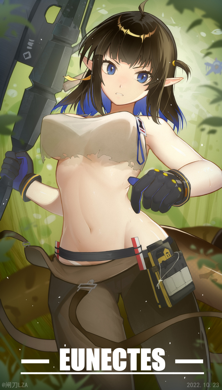 1girl absurdres ahoge animal_ears arknights backlighting bangs belt black_gloves black_hair blue_eyes blue_gloves blue_hair breasts brown_pants character_name colored_inner_hair dated day eunectes_(arknights) eunectes_(forgemaster)_(arknights) gloves highres holding holding_weapon large_breasts multicolored_hair navel official_alternate_costume outdoors pants pointy_ears snake_tail solo stomach tail two-tone_gloves two-tone_hair weapon zhadao_lza