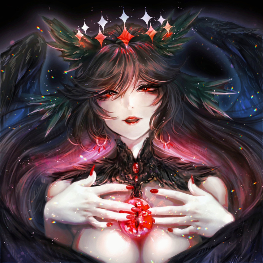 1girl alternate_costume animal_ears bangs bird_ears bird_wings black_background black_hair black_wings breasts cleavage commentary_request diffraction_spikes earrings eyelashes feathered_wings fingernails gem glowing gorget hair_between_eyes half-closed_eyes halo hands_up highres jewelry kyogoku-uru large_breasts light_particles lips long_fingernails long_hair looking_at_viewer nail_polish nude outline red_eyes red_gemstone red_lips red_nails reiuji_utsuho revision sidelocks smile solo sparkle straight-on third_eye touhou upper_body wing_censor wings