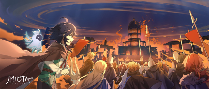 1other 6+boys 6+girls ahoge arm_up back bangs barbatos_(genshin_impact) belt black_belt black_hair blonde_hair blue_cloak blue_coat blue_sky braid brown_cape brown_cloak brown_hair brown_shorts cape chinese_commentary cloak cloud cloudy_sky coat commentary_request darkcatowo faceless fire flag flying fur-trimmed_hood fur_trim genshin_impact gradient gradient_sky green_vest grey_eyes grey_shirt hair_between_eyes hand_up helmet highres holding holding_instrument holding_shield holding_weapon hood hooded_coat instrument long_hair long_sleeves looking_to_the_side lyre multiple_boys multiple_girls night night_sky no_eyes no_headwear no_mouth open_mouth ponytail puffy_long_sleeves puffy_sleeves purple_sky red_hair shield shirt short_hair shorts sky standing sword teeth tongue twin_braids v-shaped_eyebrows venti_(genshin_impact) vest weapon white_shirt