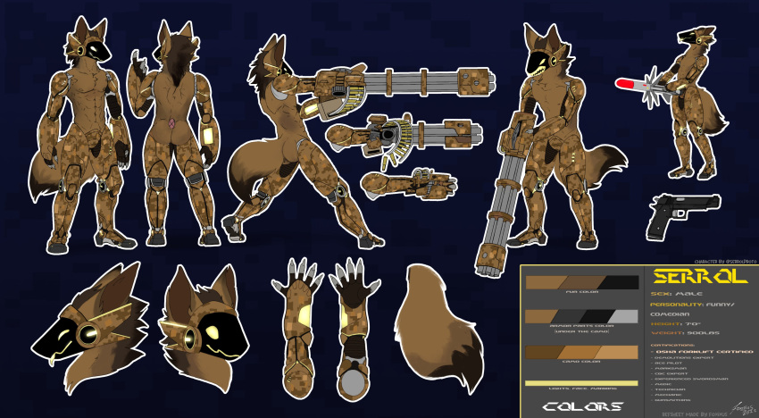 2022 abs absurd_res anthro butt camo cybernetics cyborg foxixus gatling_gun gun handgun hi_res machine machine_gun male minigun model_sheet pistol plantigrade protogen ranged_weapon rocket solo standing weapon