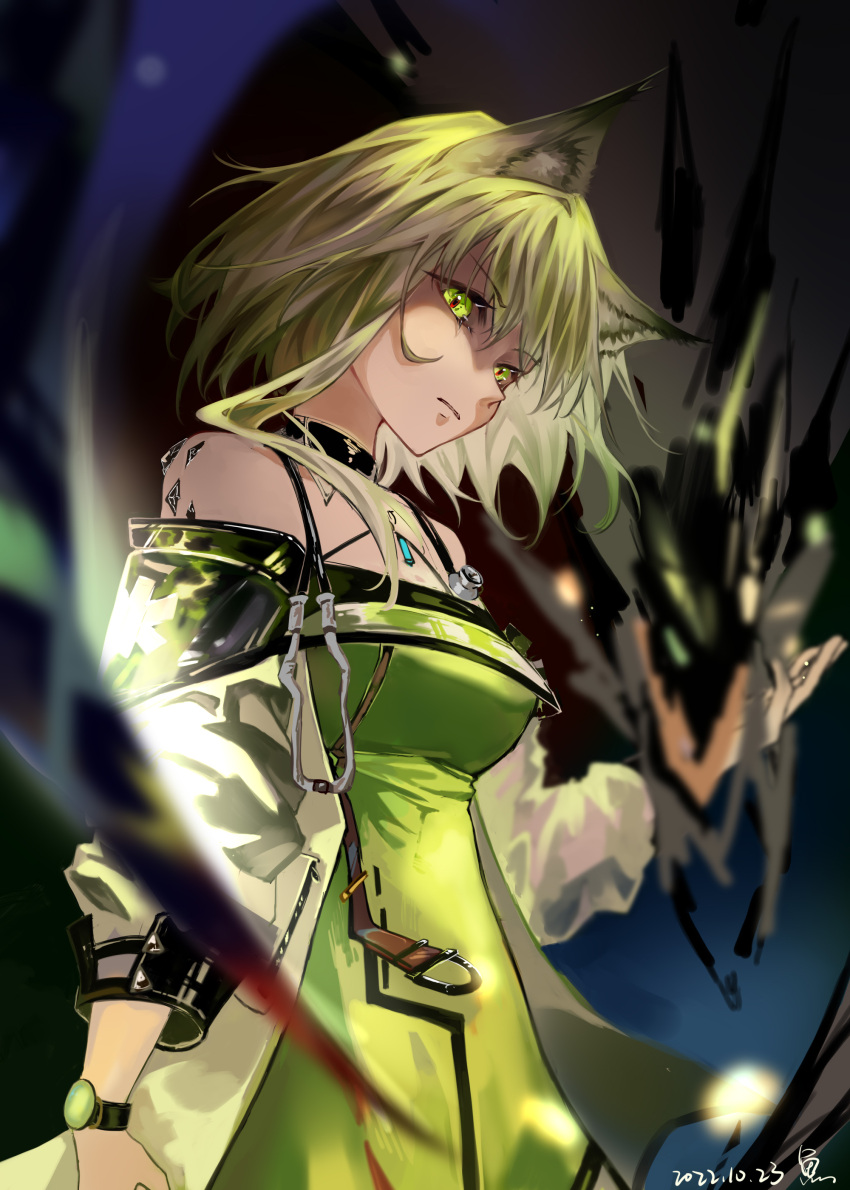 1girl absurdres animal_ear_fluff animal_ears arknights bangs bare_shoulders cat coat dated dress green_dress green_eyes green_hair highres kal'tsit_(arknights) long_sleeves looking_at_viewer momiao89019 mon3tr_(arknights) monster off_shoulder open_clothes open_coat oripathy_lesion_(arknights) parted_lips photoshop_(medium) shaded_face short_hair signature solo v-shaped_eyebrows watch white_coat wristwatch