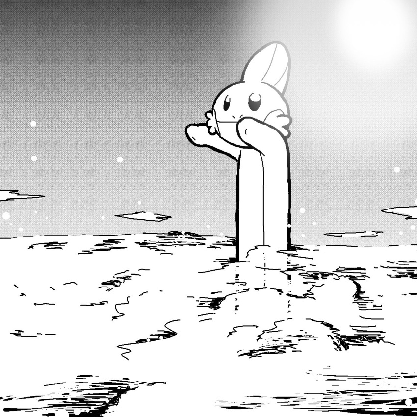 axolotl closed_mouth cloud highres long_body meme monochrome mudkip pis_row pokemon pokemon_(creature) sky sun