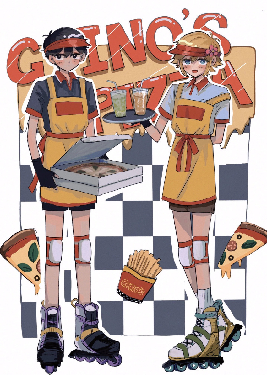 2boys apron arm_behind_back basil_(omori) black_eyes black_gloves black_hair blonde_hair blue_eyes blush box bright_pupils closed_mouth collared_shirt cup drinking_straw expressionless fingerless_gloves flower food french_fries gloves hair_flower hair_ornament highres holding holding_box holding_tray knee_pads looking_at_viewer multiple_boys omori open_mouth pizza pizza_box red_headwear roller_skates shirt short_hair short_sleeves skates smile sunny_(omori) sw8k_4 tray white_pupils white_shirt yellow_apron