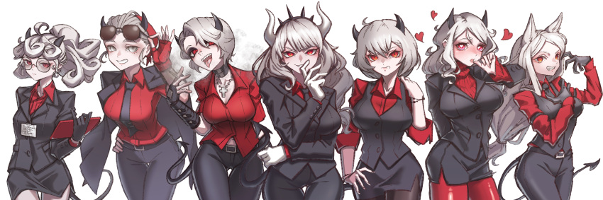 6+girls absurdres adjusting_eyewear ahoge alcohol animal_ears arm_under_breasts bandana bangs belt black_belt black_footwear black_gloves black_horns black_jacket black_necktie black_pants black_pantyhose black_skirt black_tail black_vest boots breasts business_suit cerberus_(helltaker) choker cigarette clipboard cowboy_shot cropped_legs crown demon_girl demon_horns demon_tail dog_ears dog_girl fangs fingerless_gloves formal full_body glasses gloves grey_eyes hand_on_hip hand_on_own_chest hand_on_own_shoulder heart heart-shaped_pupils helltaker highres holding holding_cigarette holding_clipboard horns jacket jacket_on_shoulders junik_(snrj2255) justice_(helltaker) knee_boots large_breasts lips long_hair lucifer_(helltaker) lying malina_(helltaker) medium_breasts modeus_(helltaker) multiple_girls naughty_face necktie office_lady on_back pandemonica_(helltaker) pants pantyhose piercing ponytail red_bandana red_eyes red_gloves red_pantyhose red_shirt red_sweater ribbed_sweater round_eyewear sake september shirt short_hair short_sleeves simple_background sitting skirt sleeves_rolled_up smile smoke smoking solo standing suit sunglasses sweater symbol-shaped_pupils tail teeth tongue tongue_out tongue_piercing vest white_background white_hair zdrada_(helltaker)