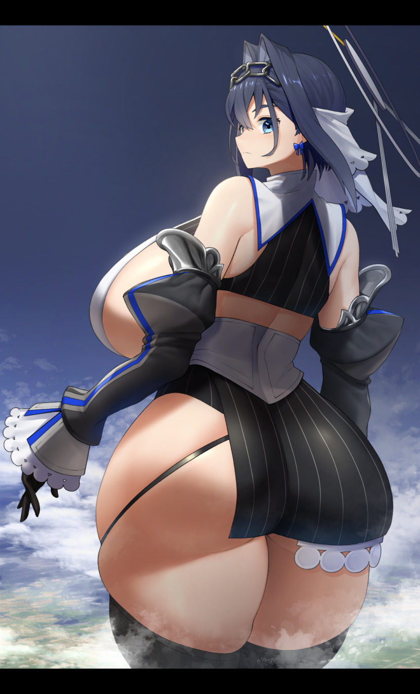 1girl ass bare_shoulders black_gloves black_thighhighs blue_eyes blue_hair breasts curvy detached_sleeves gloves hair_intakes head_chain highres hololive hololive_english huge_breasts looking_back mechanical_halo ouro_kronii ribbon_earrings short_hair sideboob sinensian skindentation solo thick_thighs thighhighs thighs veil wide_hips