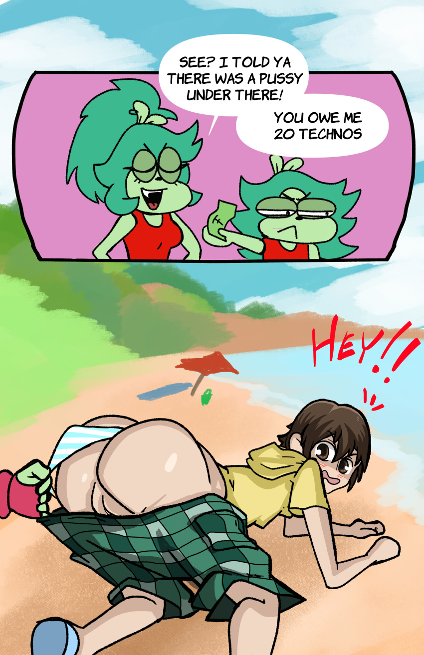 absurd_res adult_fink anthro beach beach_umbrella blush blush_lines bottomwear butt cartoon_network clothed clothing clothing_aside comic crossover dress drz_nsfw ear_piercing english_text female fink_(ok_k.o.!_lbh) forced forced_exposure forced_undressing genitals green_body green_hair hair hi_res hoodie mammal murid murine ok_k.o.!_let's_be_heroes outside panties panties_aside piercing pussy rat rodent seaside shorts snaggle_tooth surprise text topwear underwear underwear_aside undressing