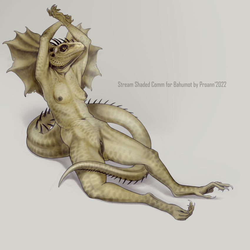 2022 agamid anthro arms_above_head breasts brown_body brown_nipples brown_scales claws dark_nipples darkened_genitalia darkened_pussy dewlap_(anatomy) female frilled_lizard genitals grey_background hi_res lizard lizard_queen nipples non-mammal_breasts nude proann pussy reptile scales scalie semi-anthro simple_background small_breasts solo tan_body tan_scales yellow_eyes